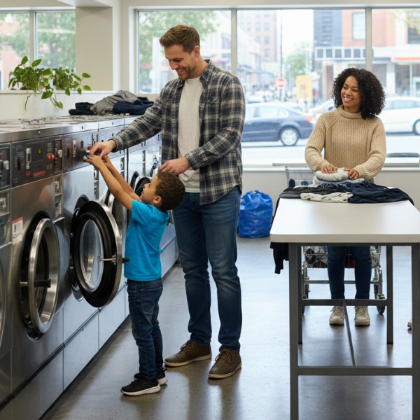 Family Of Three At Laundromat 600X600