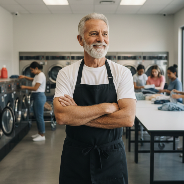 Gray Haird Mad Arms Crossed Smiling At Laundromat 600X600